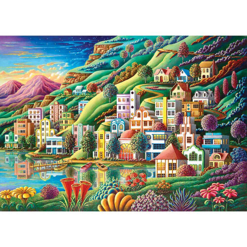 Hidden Harbor 1500pc  a town with artificial bright shades of flora, sky, and town buildings