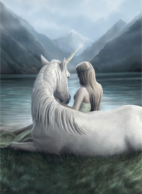 a character and a unicorn looking over a lake