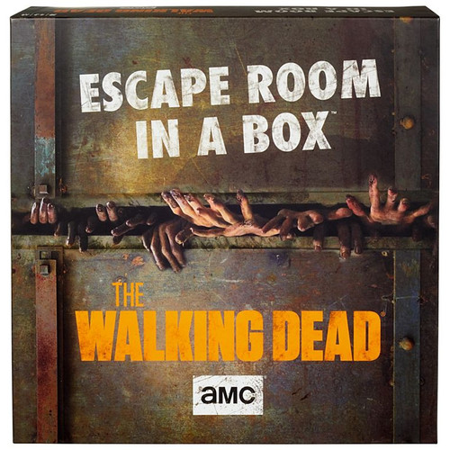 The Walking Dead Escape Room In a Box  front of packaging, a box with fingers trying to escape out