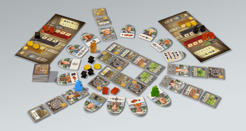 Characters in a circle different colored resource tokens and tiles 