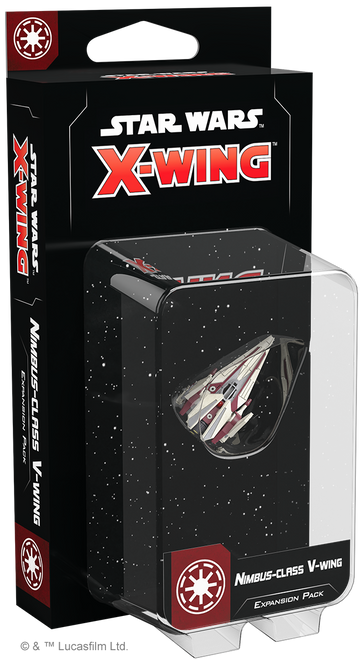 Nimbus-class V-wing—Star Wars: X-Wing, Second Edition front of packaging, a black background and a ship miniature 