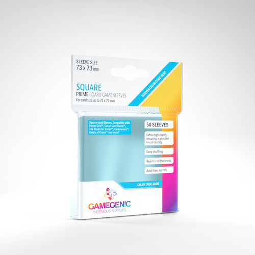 Square Card Sleeves 50ct—Clear, 73x73mm (Color Code: Blue) front of packaging