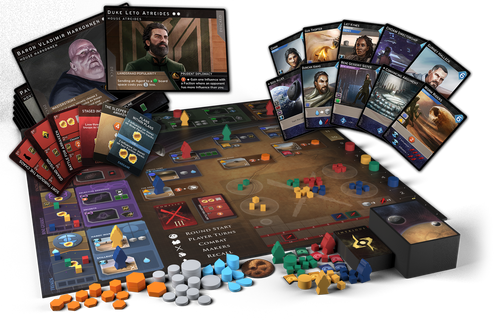 Dune: Imperium  game board and components, bright colored wooden pieces, cards and cubes