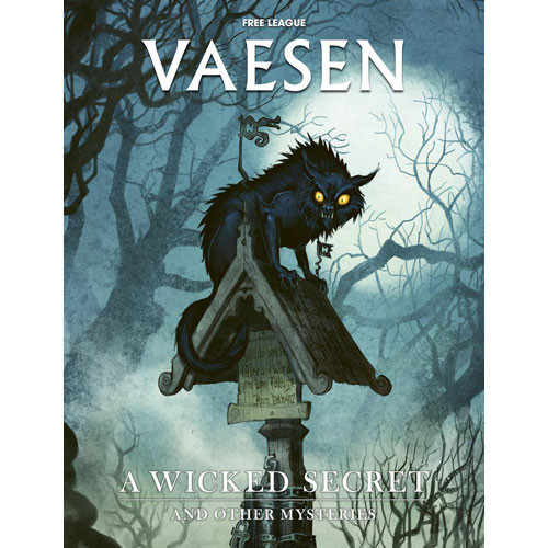Vaesen: A Wicked Secret & Other Mysteries (Supplement) front cover featuring a feral looking cat/dog on a roof over  a proclamation board 