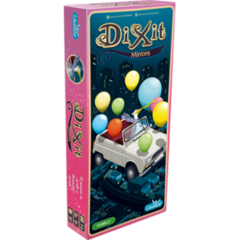 Dixit: Mirrors (Expansion) front of packaging featuring a flying white car with balloons, box has pink sides