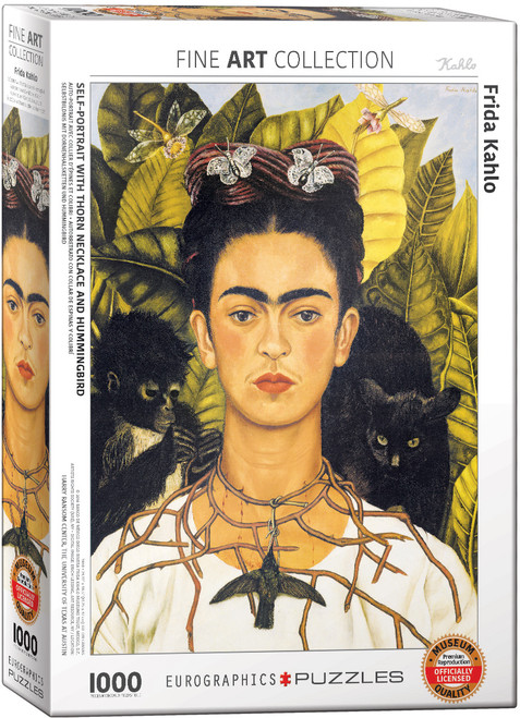 Self-Portrait with Thorn Necklace and Hummingbird, Frida Kahlo front of puzzle box