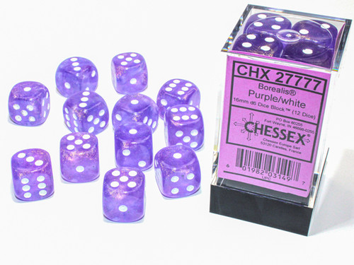 Borealis Luminary Purple/White Six-Sided Dice—set next to plastic packaging