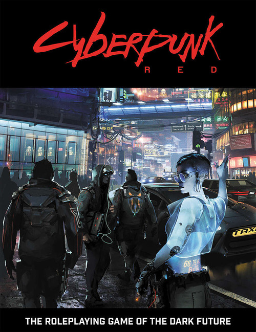 Cyberpunk Red front of package featuring a busy futuristic city street