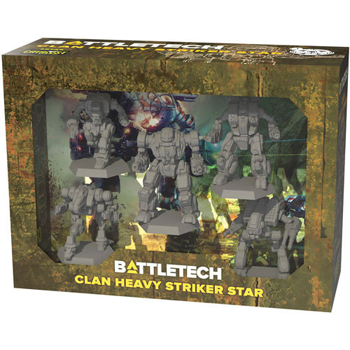 Clan Heavy Striker Star—Battletech front of packaging, brown box, with window to display unpainted robot miniatures. 