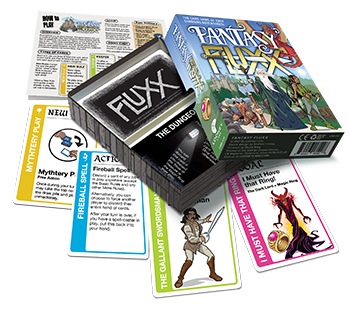 Fantasy Fluxx game box open and cards surrounding it