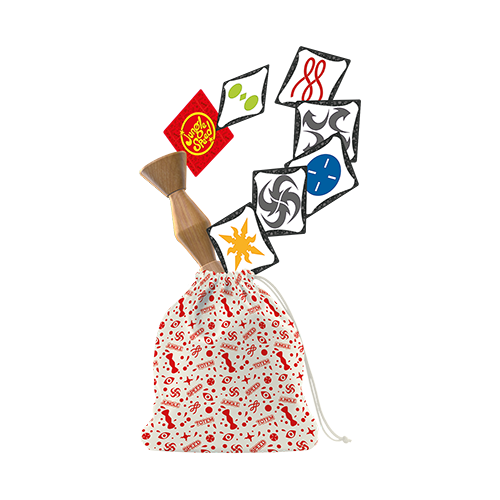 A white bag with red game icons on it, that can hold the whole game, wood piece, and game cards 