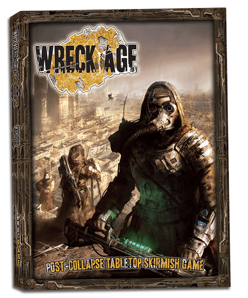 Wreck Age Core Rulebook front depicting a person with a mask over most of their face and a green glowing gun