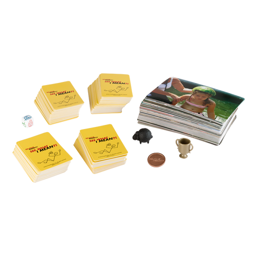 A stack of picture cards,  Yellow card decks and a black sheep, golden trophy and a golden coin 