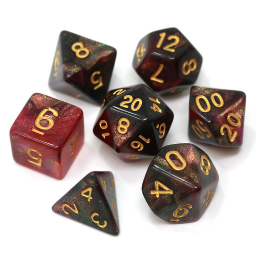 Midnight Rose  Dice Set, red and black dice with yellow numbers 