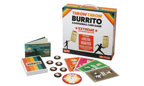 Throw Throw Burrito, Extreme Outdoor Edition contents fanned out in front of packaging 