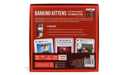 Barking Kittens (Exploding Kittens Expansion) back of packaging, contents list and sample cards