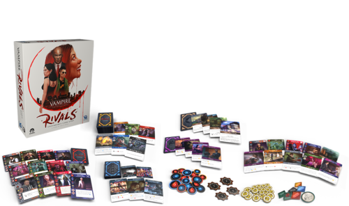 Vampire The Masquerade: Rivals (Expandable Card Game) with the game components fanned out around the box 
