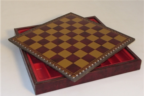 Burgundy & Gold Chest Chessboard, with top slightly ajar to show storage 