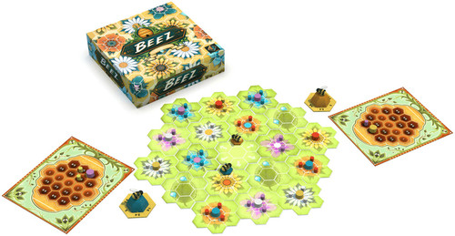 BEEZ game board set up with flower tiles and bee pieces. and a honey comb card 