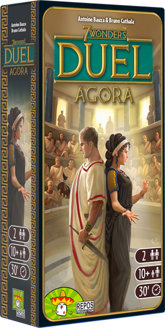 7 Wonders: Duel—Agora (Expansion) front cover of game featuring 2 characters back to back speaking to the senate 