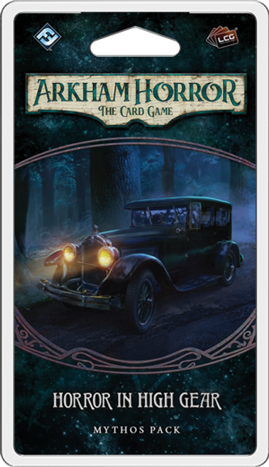 Horror in High Gear, Mythos Pack—Arkham Horror: The Card Game front of card expansion packaging featuring a car with lights on in the mist