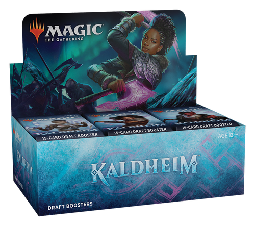  Kaldheim cardboard display box featuring a character wielding two glowing purple axes