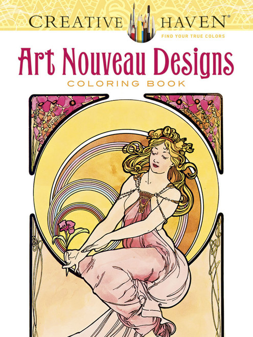 Art Nouveau Designs: Creative Haven Coloring Book, a lady in a pink dress with golden hair