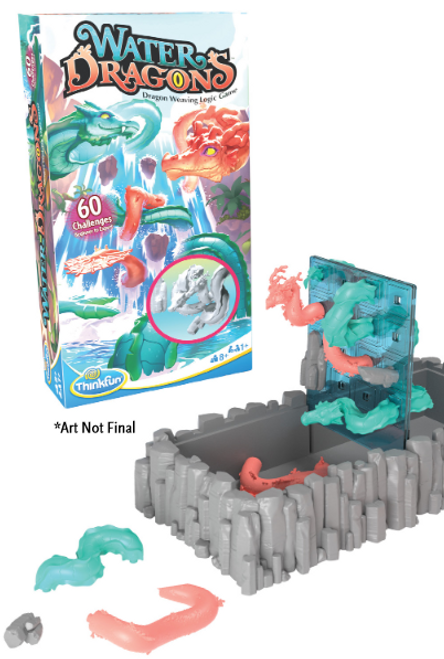 Dragon Falls featuring front of game box and plastic game set up.  a clear waterfall piece with dragon pieces (teal and peach) and a grey catcher tray