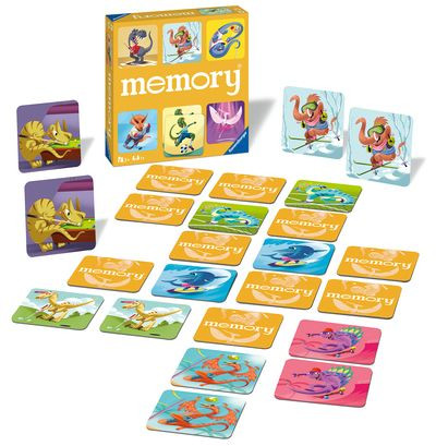 Memory Dinosaur Sports (game lay out) yellow matching tiles with Dinos doing human activities 
