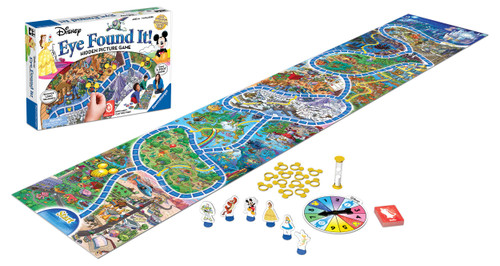 The game board laid out in front of game box with character figuring  and contents 