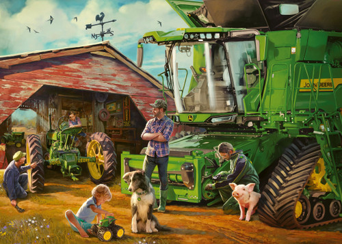 John Deere Then & Now, kids playing with an older tractor in a shred with a giant tractor in front 