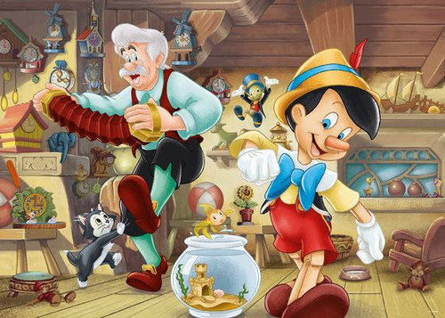 Pinocchio and his family dancing in the clock shop