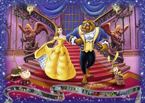 Belle and Beast at the bottom of the grand stairs in formal wear