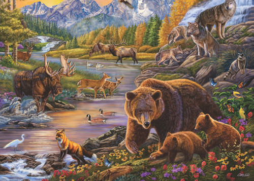 Wilderness  with tons of animals at a creek 