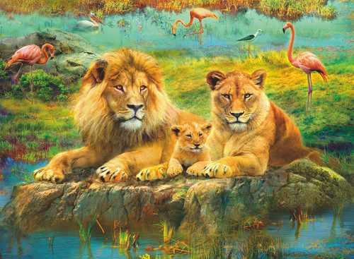 Lions resting in the Savannah with Flamingos
