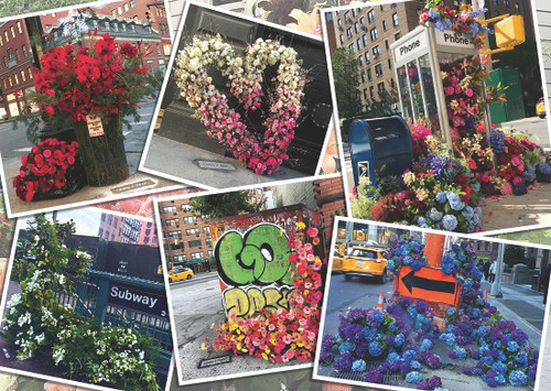 NYC Flower Flash, 6 pictures, subway sign surrounded by flowers, road construction sign surrounded by flowers. ect