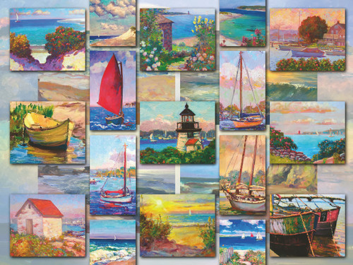 Coastal Collage of various boats, shore lines and light house