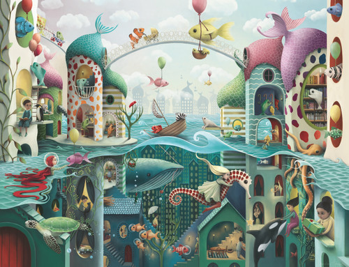 If Fish Could Walk art, houses with half under water, young people and water creatures together