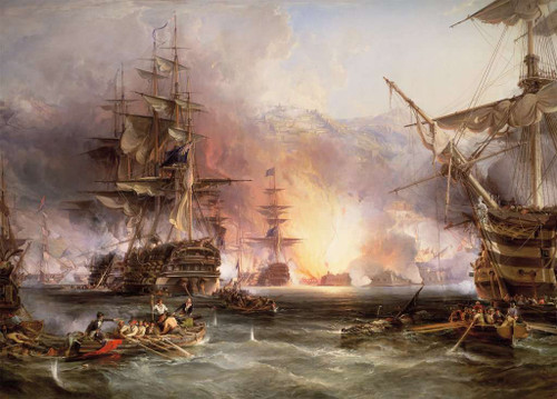 A port going up in flames and several ships and sailors filling up and rowing several smaller boats