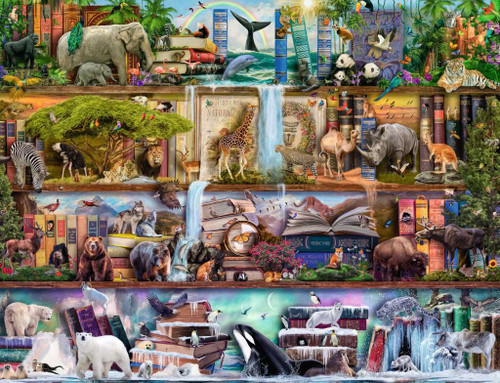 Wild Kingdom Shelves 4 shelves- artic, north, Safari, and Jungle filled with books and animals 