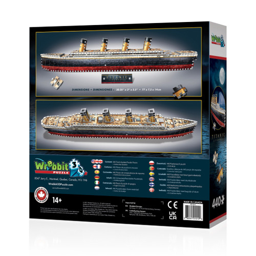 Titanic 3D Puzzle back of packaging featuring a side and top view of the puzzle