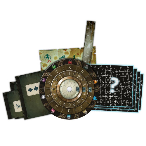 Close up of game components featuring a puzzle, a cypher, and other clues