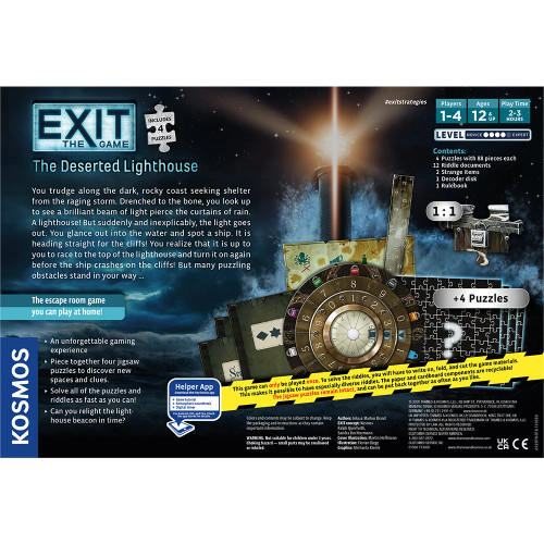 Exit: The Deserted Lighthouse + Jigsaw Puzzles back of box  featuring flavor text, game components, and game data