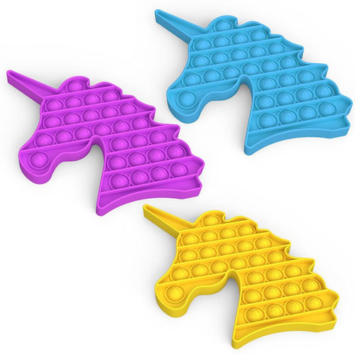 Unicorn Pop Fidgety in 3 color choices: purple, blue, yellow.