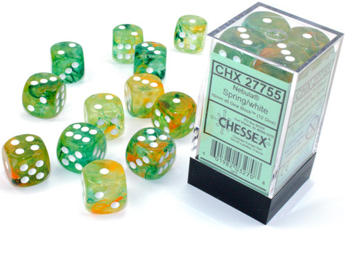 Nebula Luminary Spring/White Six-Sided Dice—Some outside the plastic packaging