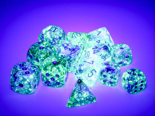 Nebula Luminary Oceanic/Gold Six-Sided Dice—under different lighting 
