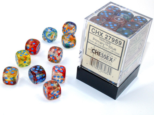 Several dice in front of the plastic packaging