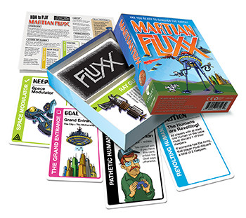 Martian Fluxx slightly ajar with sample cards laid out