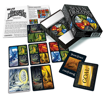 A card game with the box open and several cards laid out 