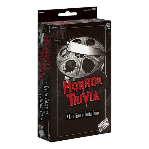 Horror Trivia Card Game front cover of product featuring a film wheel and a knife